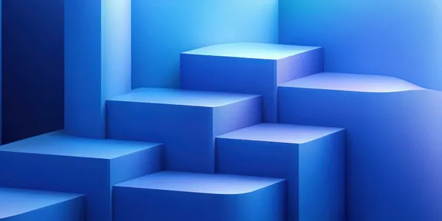 Geometric blue 3D cubes stacked in layered steps with soft gradient lighting