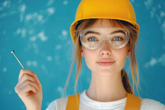 Young worker in yellow hard hat holds a metal bolt against a blue textured background.