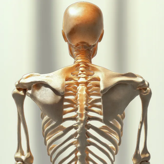 Detailed human skeleton anatomy showing spine, ribs, and shoulder blades under soft studio light