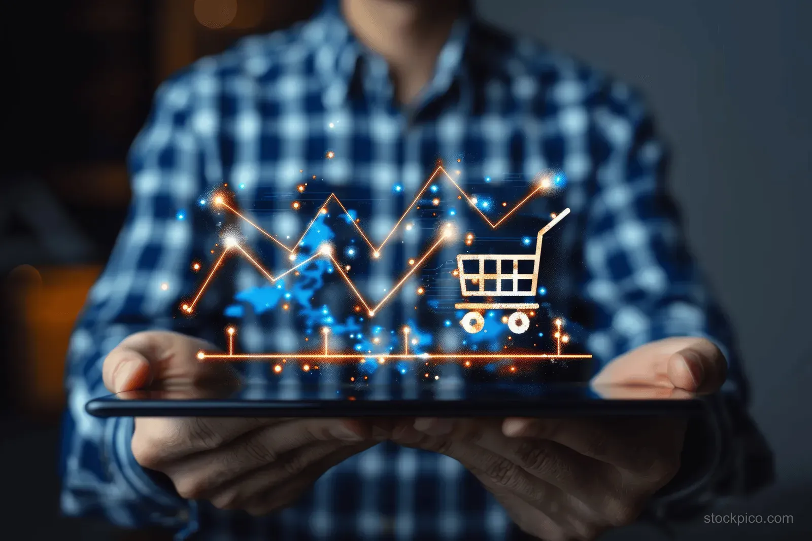 A man holds a tablet with an upward chart overlay and a shopping cart icon for e-commerce growth.