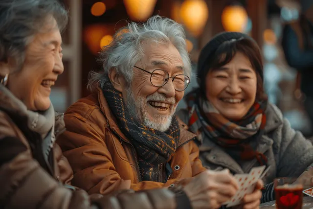 Smiling seniors playing cards together in a cozy living room