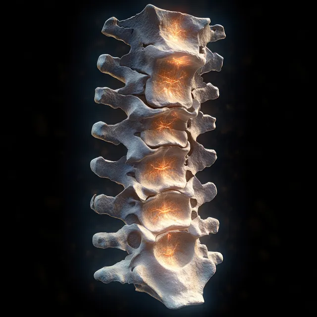3D render of a human vertebral column with glowing spinal structures on a black background.