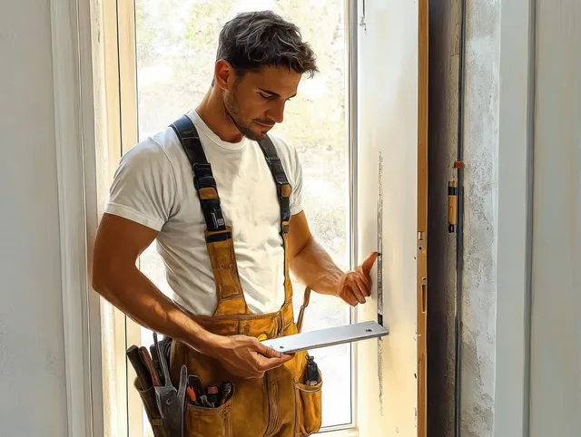 A worker inspects a door frame while measuring near a bright window inside a building.