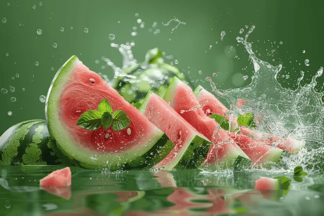 Watermelon Slices Splashing Across a Green Studio Background