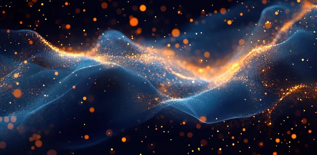 Glowing orange and blue particles swirl across a dark cosmic scene resembling a galaxy cloud.