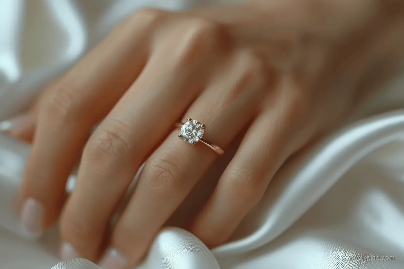 Woman’s hand on white satin fabric displaying a sparkling diamond engagement ring.