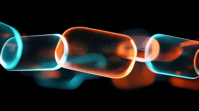 Neon orange and blue glowing abstract chain links close-up on a dark background with light trails.