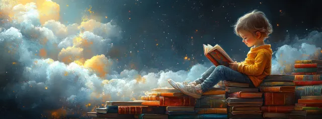 Child reading books while sitting on stacked volumes in a sunlit cloud sky