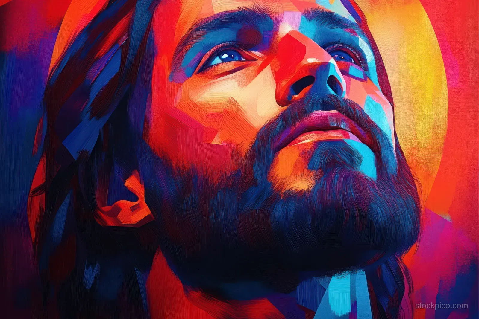 Abstract portrait of Jesus Christ in vibrant red and blue with dramatic lighting and halo-like glow.
