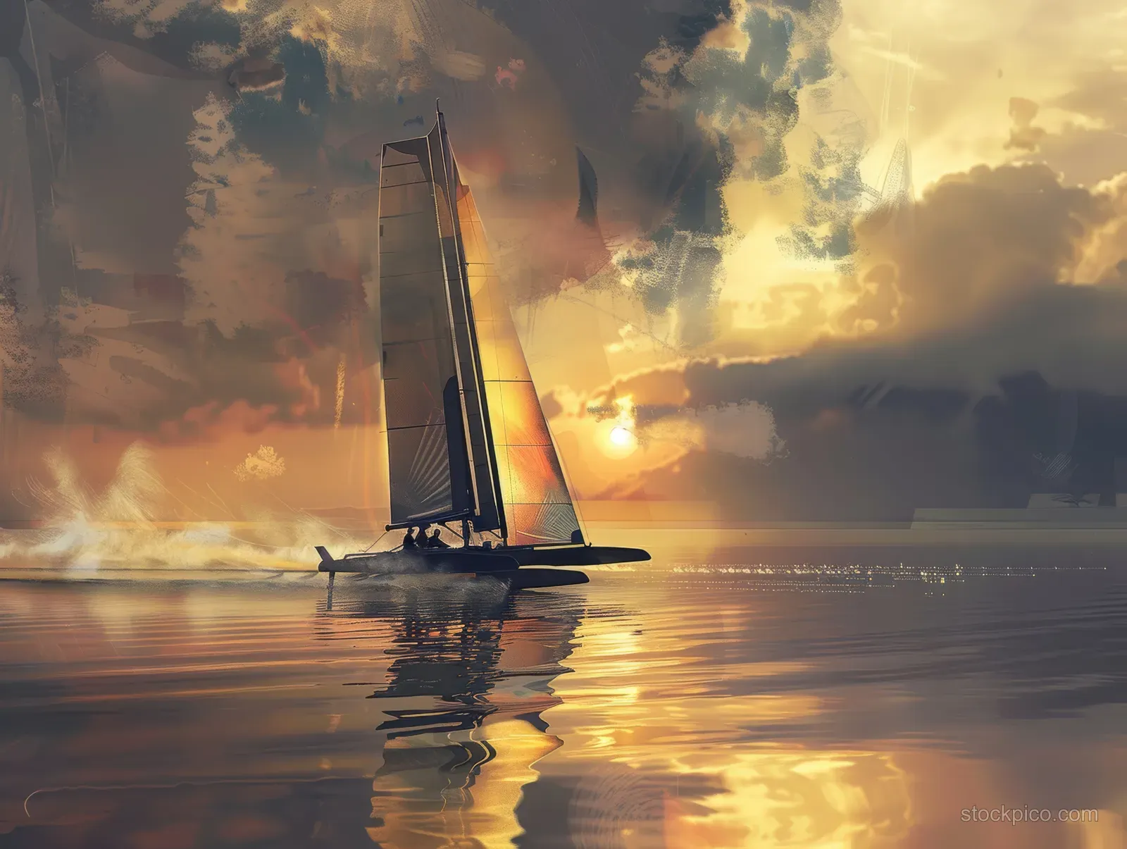 A sailing catamaran moves across calm water at sunset with glowing sail reflections.