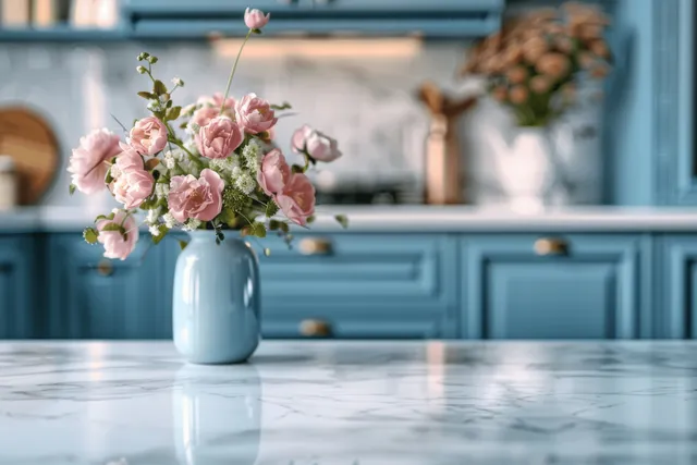 White marble countertop with pink flowers and blurred blue kitchen cabinets background with Soft Depth Of Field