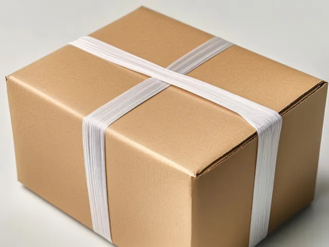 Primer plano de una caja de envío cerrada de cartón marrón sellada con cinta adhesiva blanca lisa sobre un fondo sencillo.