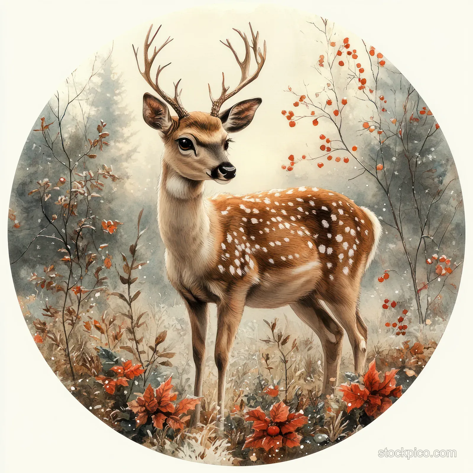 Watercolor fawn deer in a circular snowy forest, framed by red and orange flowers and misty trees.