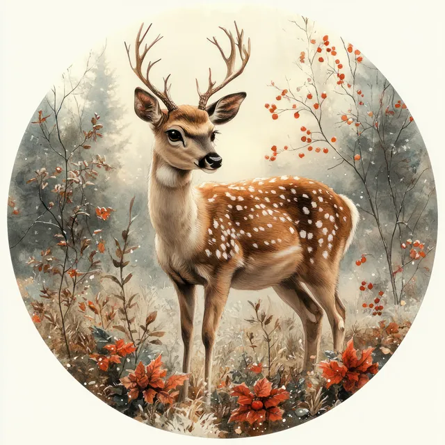 Watercolor fawn deer standing in snowy forest circle, surrounded by red autumn flowers