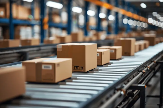 Brown cardboard boxes with shipping labels move along a warehouse conveyor belt in a warehouse row.