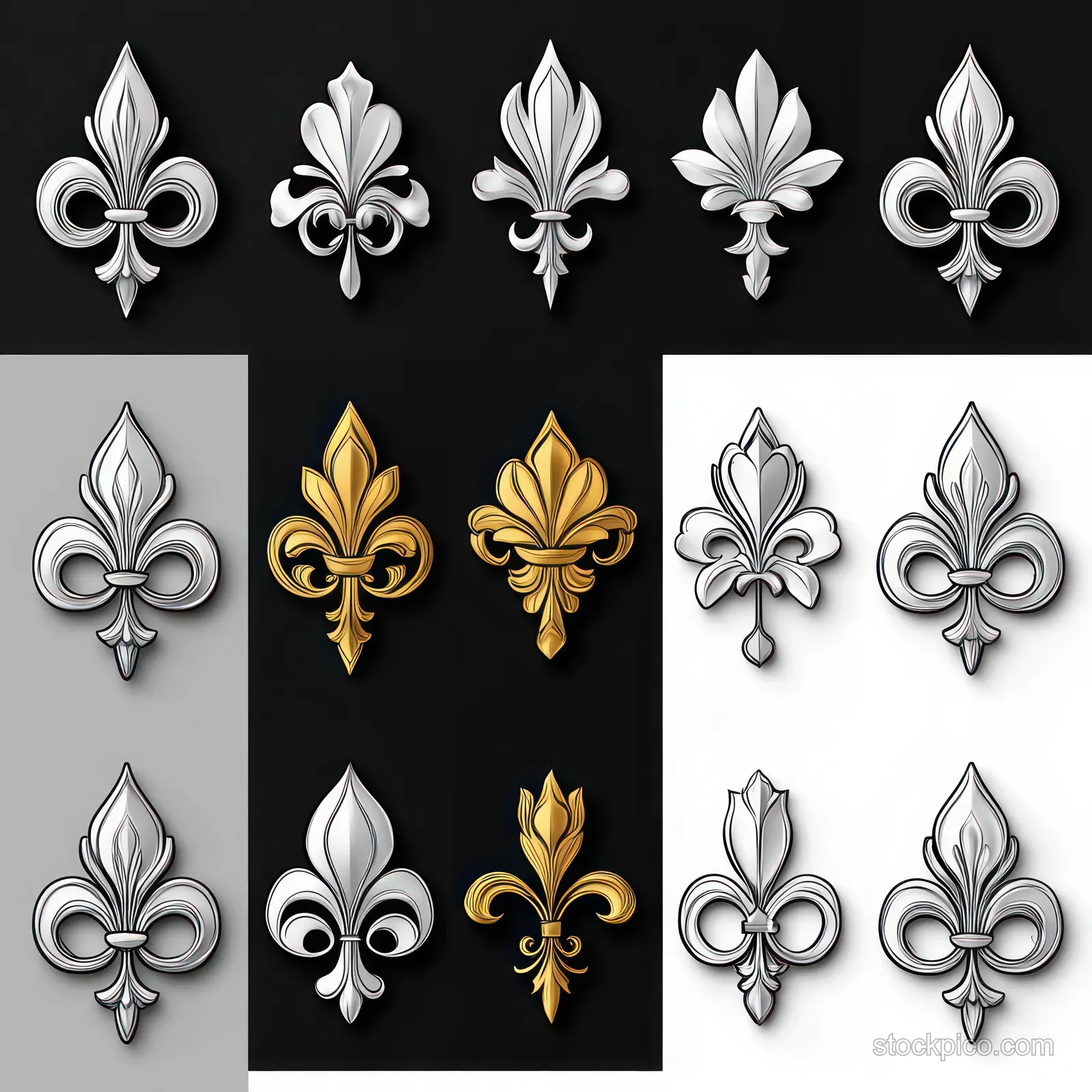 Grid of embossed silver and gold fleur-de-lis emblems arranged across black, white, and gray backgrounds.