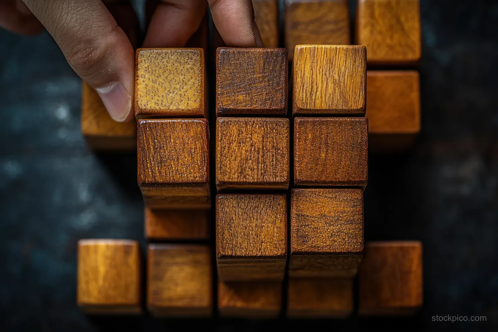 A hand stacks wooden blocks into a rising ladder shape on a dark background.