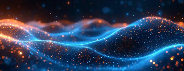 Futuristic blue and teal glowing dots tracing wavy lines in a cyber abstract panorama