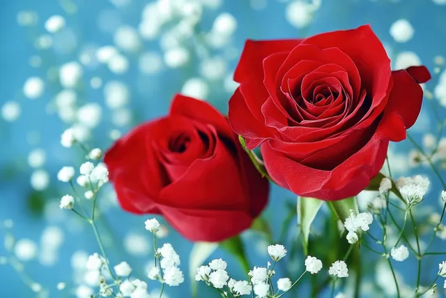 Two Red Roses with Baby's Breath on Soft Blue Background