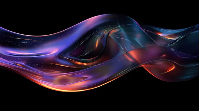 Iridescent curved ribbon abstract shape on black background with hologram-like light reflections