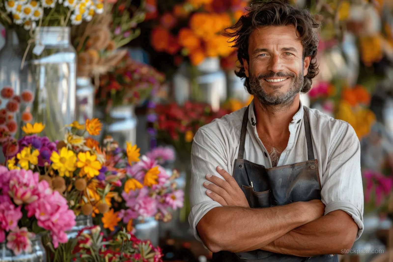 A smiling man in an apron stands with arms crossed beside colorful bouquets inside a greenhouse.