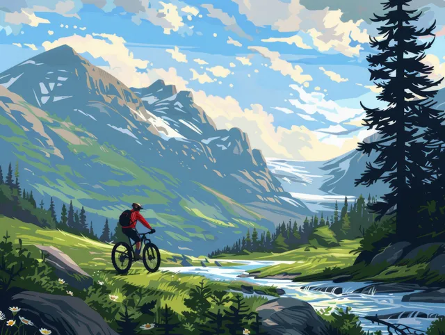 A mountain biker rides along a trail near a winding river with forest and distant mountains under a partly cloudy sky.