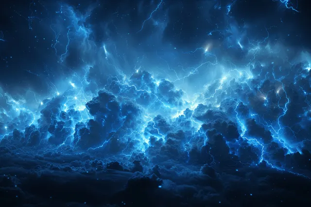 Lightning bolt forks across storm clouds, glowing blue in a dark night sky