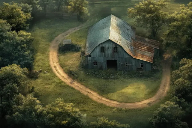 A weathered abandoned barn sits in a green overgrown yard, surrounded by trees and a looping dirt road.