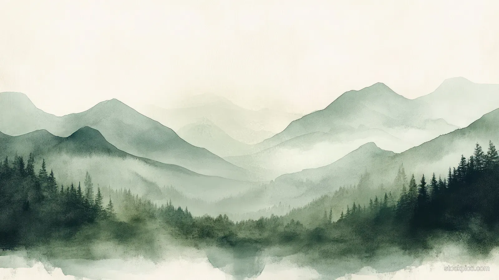 Evergreen forest and layered mountain ranges disappear into soft mist and haze in green-gray tones.