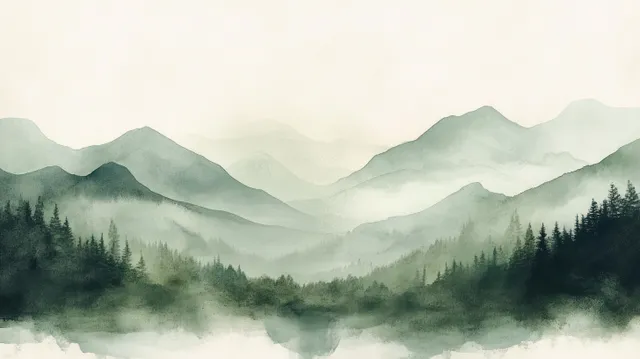 Mist-covered evergreen forest overlooking layered mountain ridges with soft green-gray haze