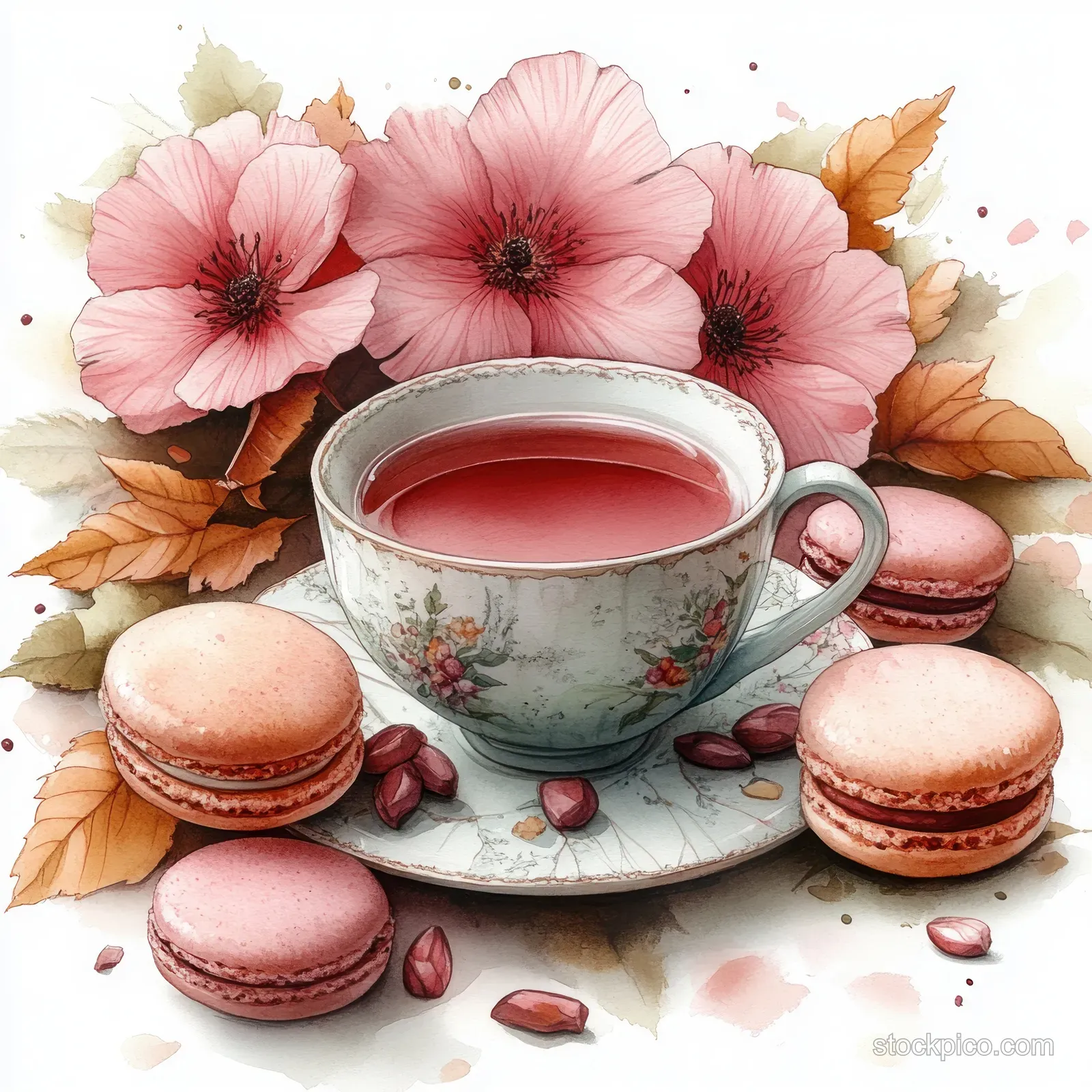 A painted tea cup sits among pink flowers and macarons on a floral background.