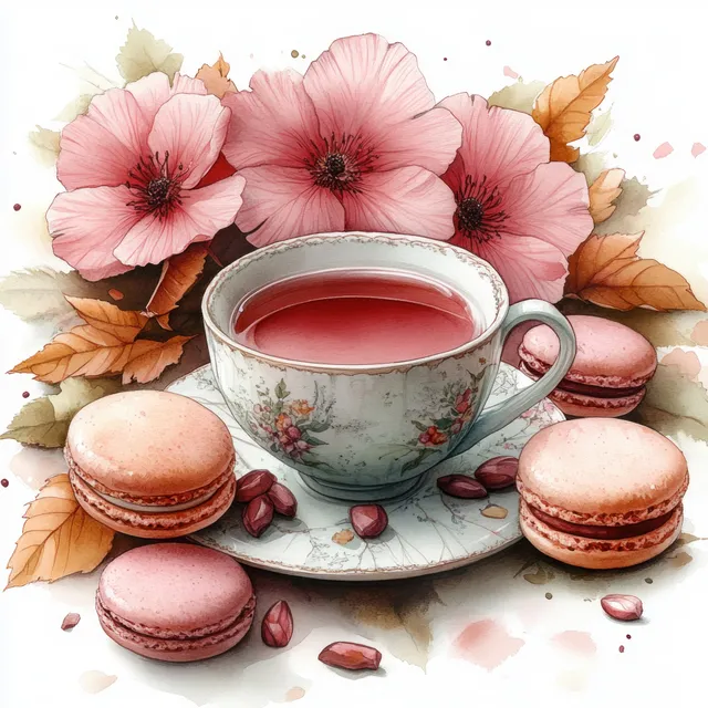 Watercolor Tea Cup with Pink Flowers and Macarons on a Floral Table