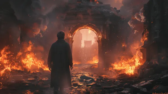 A lone figure approaches a burning arch gate in dark stone ruins with smoke