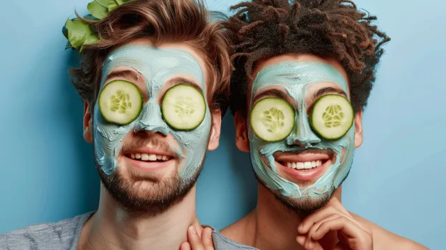 Two young men wearing spa face masks with cucumber slices smile against a blue studio background.