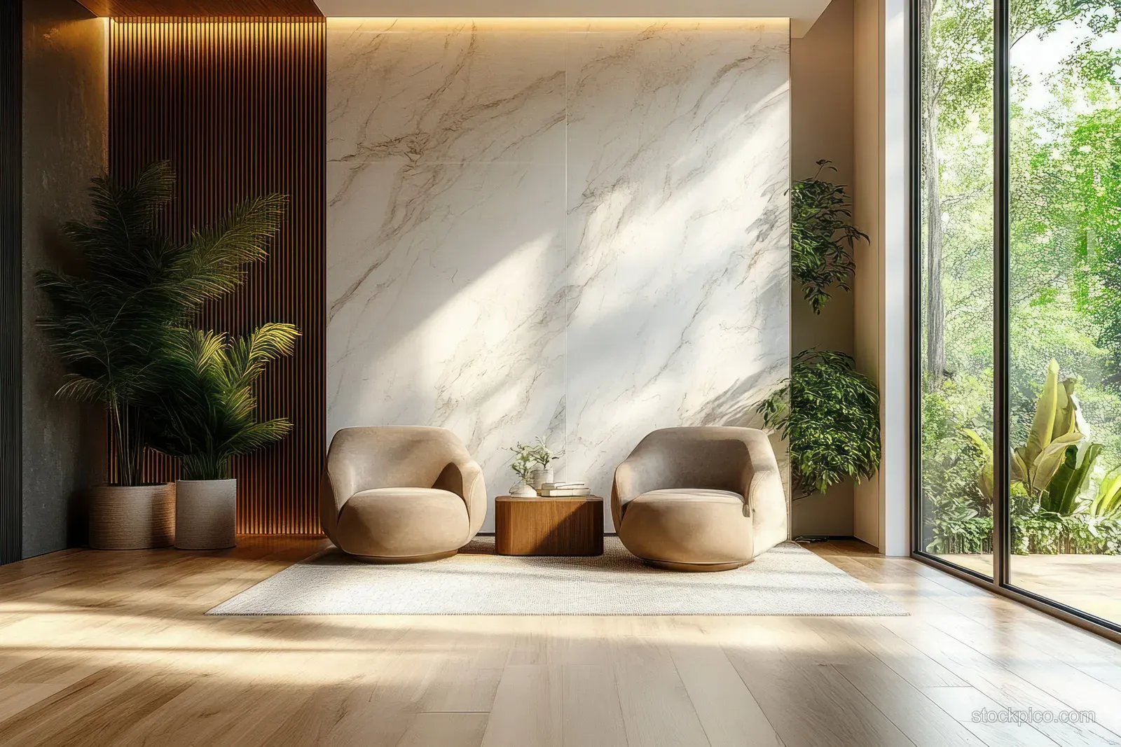 Minimalist entrance hall showing a wooden bench in front of a marble wall with indoor plants and bright glass doors.
