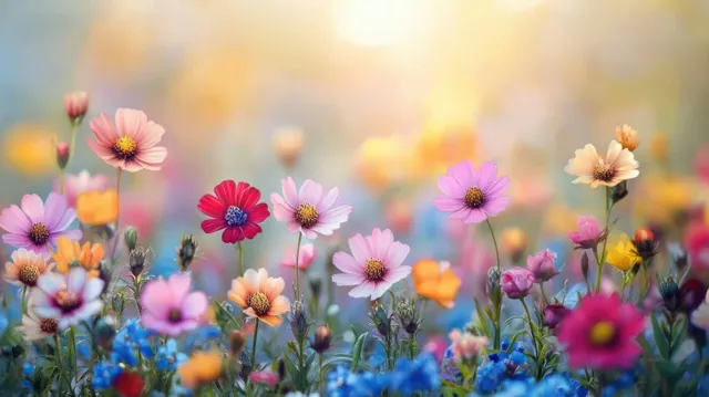Colorful wildflowers blooming in a sunlit meadow with soft golden bokeh