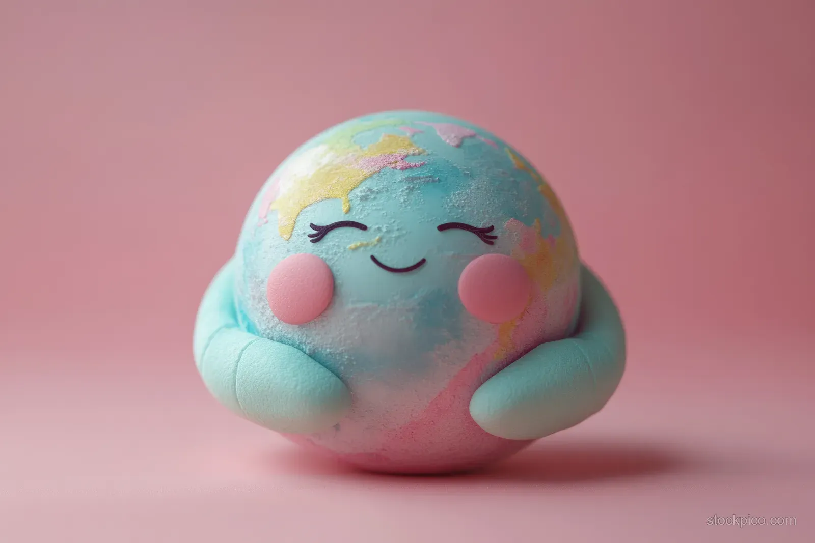 Cartoon Earth globe with closed eyes being hugged by soft pastel hands on a pink background.