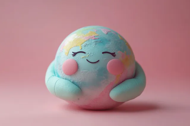 Cartoon Earth globe with closed eyes being hugged by soft pastel hands on a pink background.