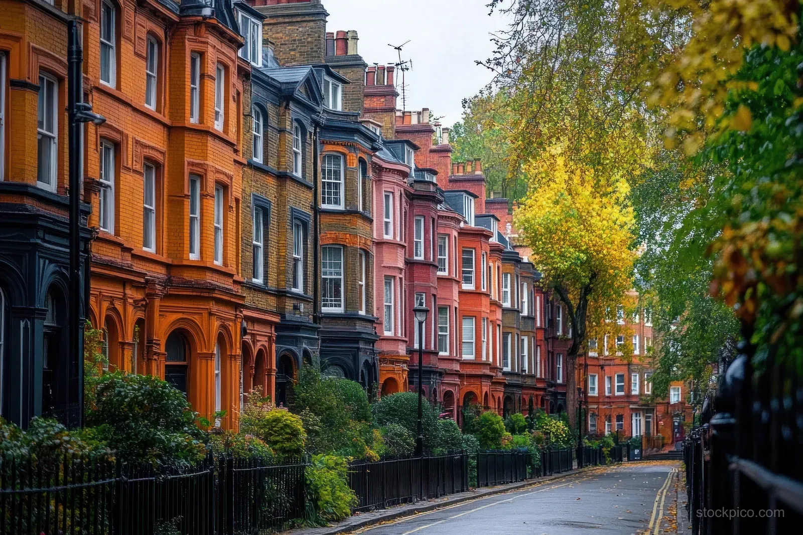 A quiet street lined with colorful Victorian townhouses, arched entrances, black railings, and autumn trees.