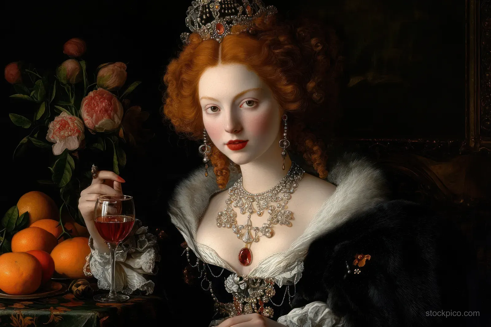 Red-haired woman in ornate baroque attire holds a glass of red wine beside oranges and pink roses in a dark setting.