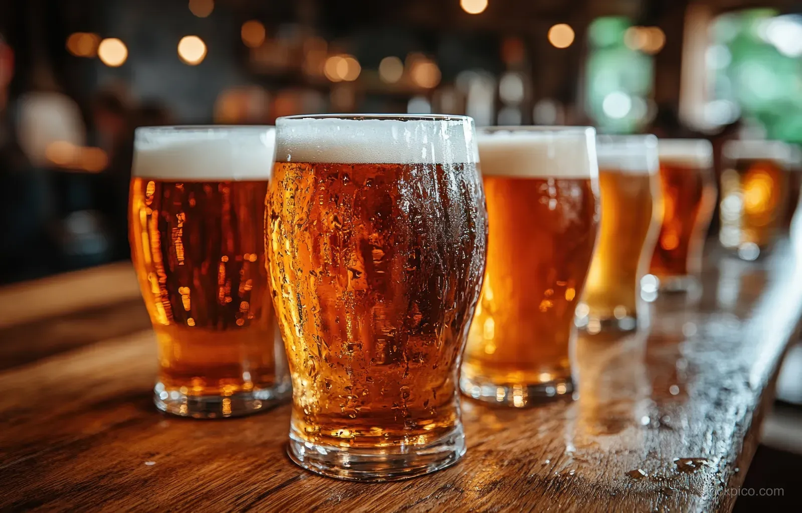 Amber beer pints with foamy heads lined up on a wooden pub bar, blurred people in the background.