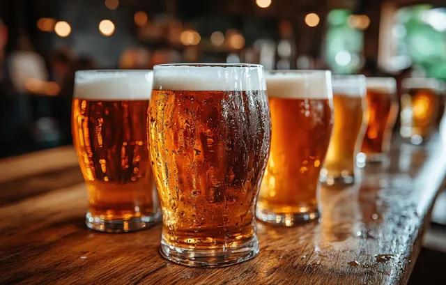 Pints of amber beer on a wooden bar with friends chatting in a vintage pub