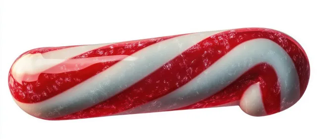 Close-up of a glossy red and white striped candy cane with a curved end on a white background.