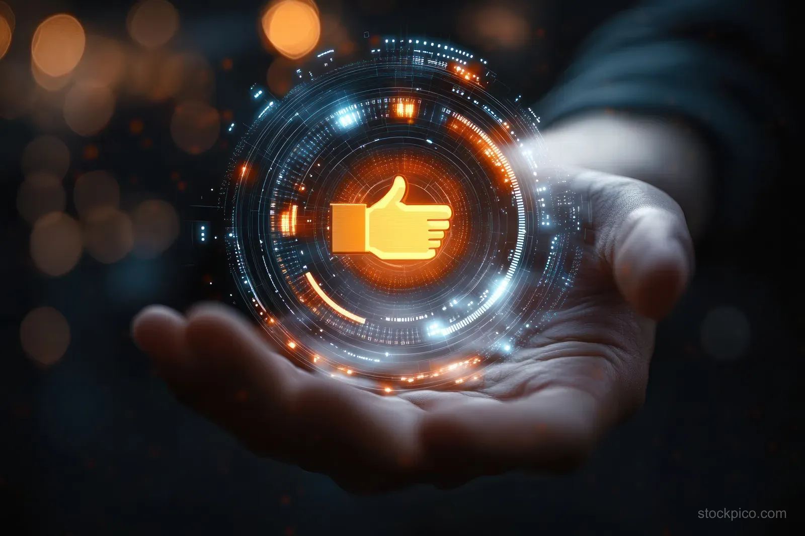 A hand holds a glowing holographic ring interface showing a thumbs-up approval icon with neon accents.