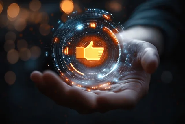 A hand holds a glowing holographic ring interface showing a thumbs-up approval icon with neon accents.