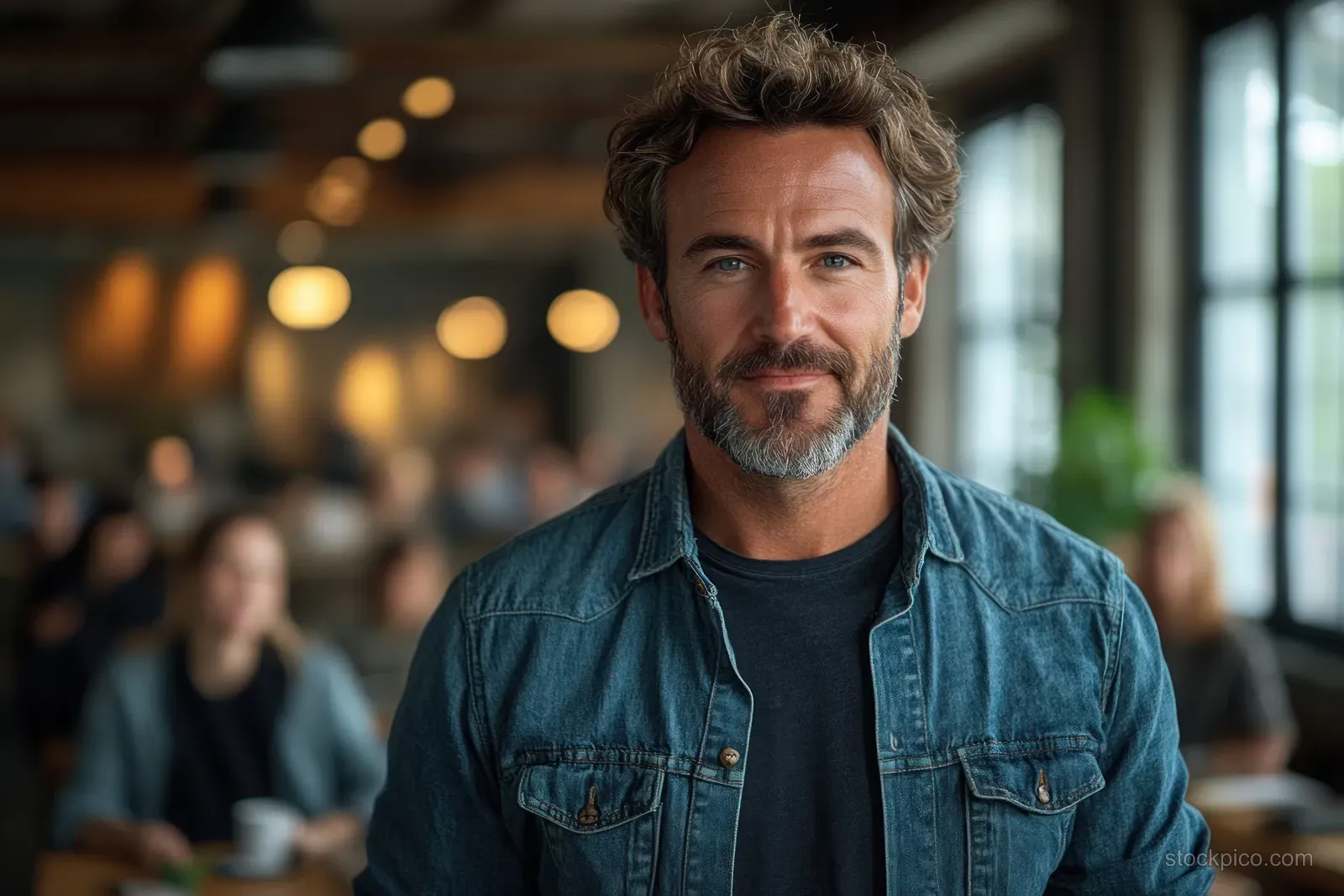 A business owner in a denim jacket presents to coworkers in a sunlit modern office.