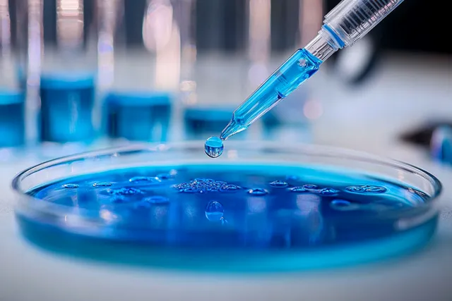 Syringe dispensing blue liquid into a petri dish during laboratory sample testing