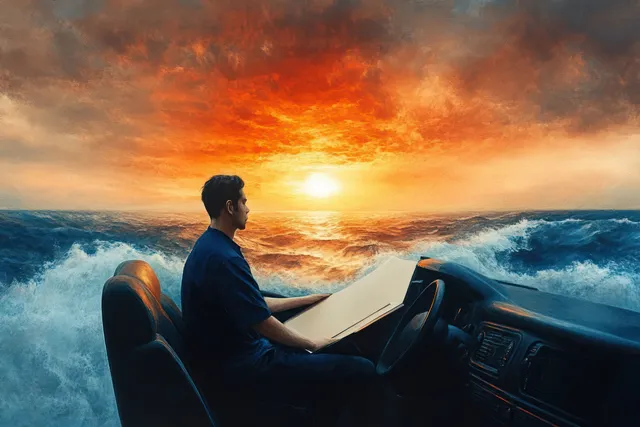Man reclines in a car seat as ocean waves surge, reading an open book at sunset