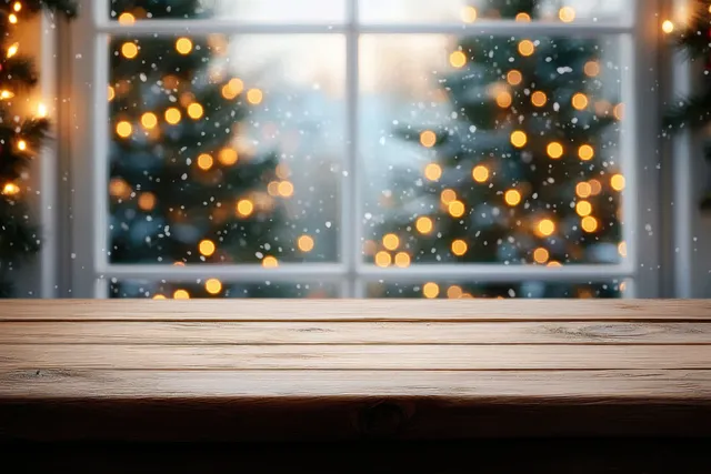 Frosty window evening glow above a wooden table, soft Christmas lights bokeh