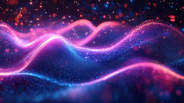 Glowing pink, purple, and blue particle waves shimmer across a dark neon abstract background.